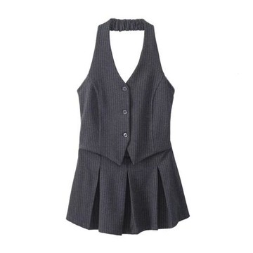 歐美風 春季新款女條紋寬褶裙擺背心式掛脖領露背連衣裙 0264306