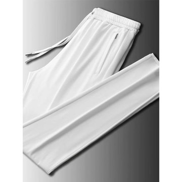 輕奢白色桑蠶絲運動休閑褲男夏季直筒時尚薄款帥氣大碼冰絲長褲子