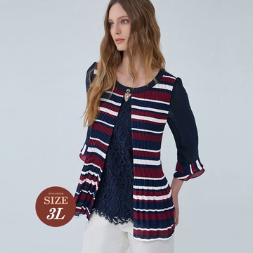 ILEY伊蕾 撞色條紋蕾絲壓摺假兩件上衣(深藍色；M-3L)1233011462