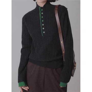 法式假兩件半高領針織黑色毛衣女冬季內搭翻領長袖打底衫撞色上衣