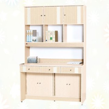 文創集-南亞塑鋼     曼尼  南亞塑鋼4.1尺三開門三抽下捲簾拉門開放式高書桌組合-121.8x60.8x190cm免組