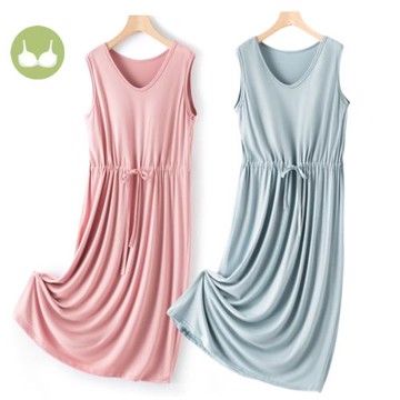 帶胸墊一體式莫代爾睡裙家居裙女夏季可外穿連衣裙寬松百褶背心裙