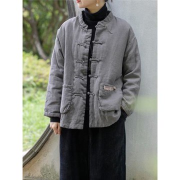 念江南手縫設計感中式盤扣苧麻夾棉加厚小棉襖女寬松復古棉衣棉服