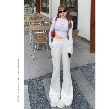 美式白色運動休閑褲女秋季新款松緊低腰辣妹垂感顯瘦微喇叭拖地褲
