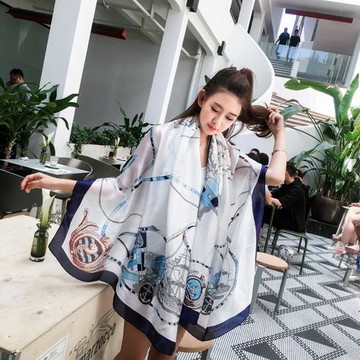 【Emi艾迷】歐美復古花紋帆船印花仿真絲薄圍巾披肩絲巾