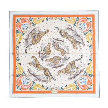 Hermes 愛馬仕 Guepards Bandana 90 手工捲邊斜紋真絲雙面方巾(奶油/橘/棕)
