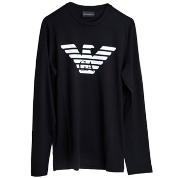 EMPORIO ARMANI 品牌白色大鷹LOGO薄長袖上衣(黑)