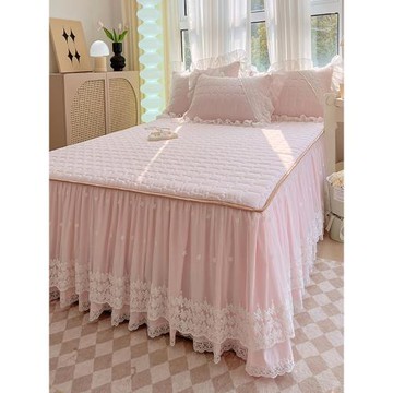 高級感純色夾棉床裙式床罩單件蕾絲花邊公主風床圍裙四季通用床蓋