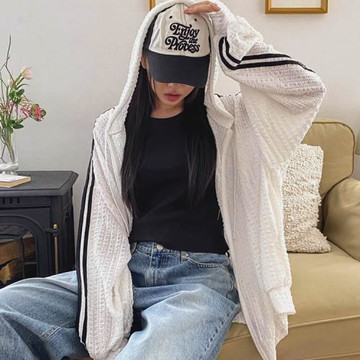 時尚起義韓國甜美2025夏鏤空防曬連帽雙向拉鏈開襟外套dw25050813