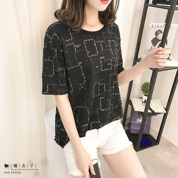 【QV8210】魔衣子-圓領破洞寬鬆短袖上衣