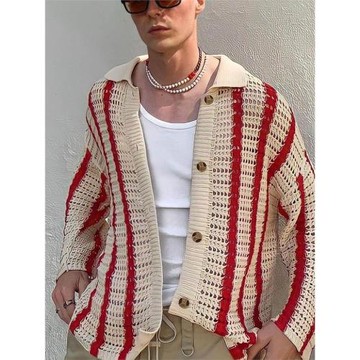 2023秋季拼接撞色針織開衫V領小眾設計感毛衣男式外套百搭針織衫