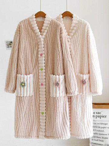 水波紋法蘭絨睡袍女士睡衣浴袍秋冬款長款加厚加絨珊瑚絨冬天家居 雙11全館免運