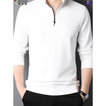 啄木鳥春秋商務男士純色polo衫立領半拉鏈中年體恤衫長袖休閑衛衣