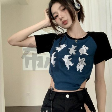 【佈小九】復古抽繩露腰上衣 設計感 修身顯瘦短款上衣  短版短袖 女生T恤  胖妹妹可穿 辣妹T恤 甜辣風女裝 韓系夏裝