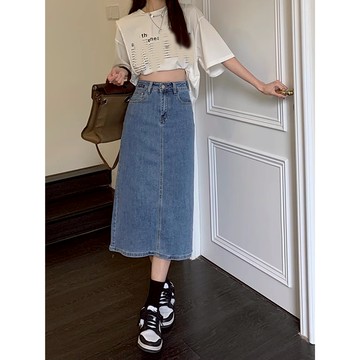 【ⓇⒺⓃⒶ 現貨】復古開叉超彈牛仔半身裙/彈性/高腰/顯瘦/包臀/直筒中長A字裙/長裙【R21708】