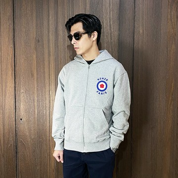 美國百分百【全新真品】KENZO 高田賢三 連帽外套 棉質 毛巾布 休閒 男款 小花logo 夾克 灰色 CY33