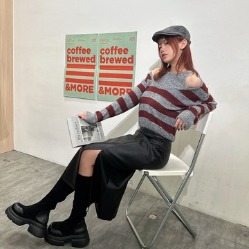 橫條紋假兩件毛衣-紅【KT224737】