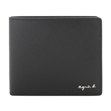 agnes b.-草寫銀字LOGO防刮附零錢袋短夾(素面黑)