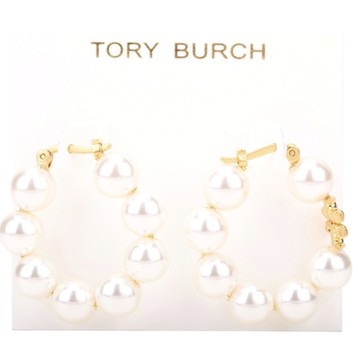 TORY BURCH Kira 雙T金屬珍珠圈穿針式耳環(金色)