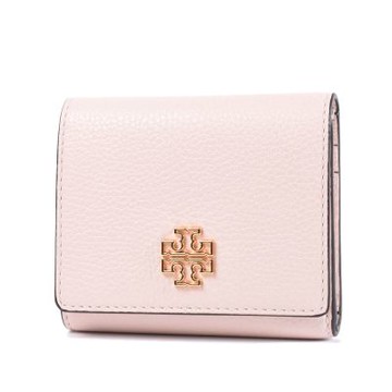 TORY BURCH BRITTEN 縷空LOGO荔枝紋釦式三折短夾-淡粉