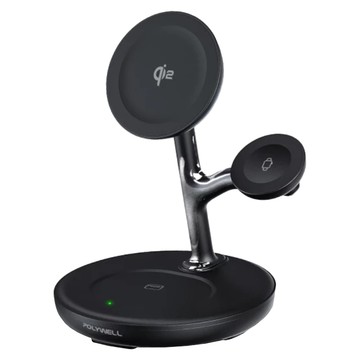 POLYWELL 寶利威爾 Qi2多功能磁吸無線充電支架 適用iPhone/Apple Watch/Airpods  黑色  1個