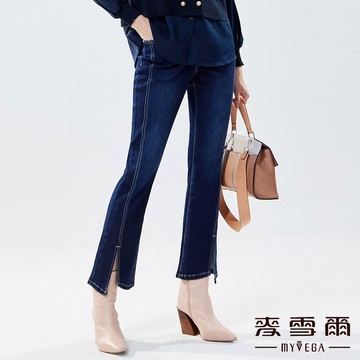 Myvega麥雪爾 高含棉多剪裁褲耳牛仔喇叭九分褲-藍