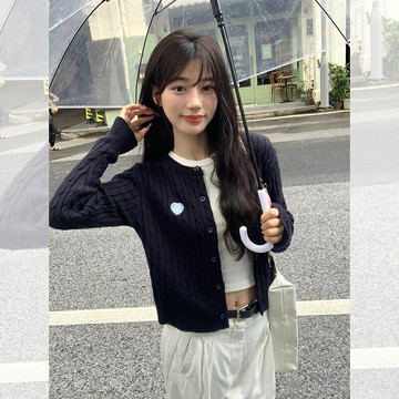 宋正恩藏藍色麻花針織開衫外套女秋裝高級感韓系外搭毛衣獨特上衣【淘夢屋】