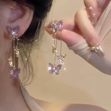 2026 新款紫色蝴蝶流蘇耳環 仙女風鋯石耳釘 約會必備顯臉小耳飾 小耳圈 圈圈耳環 耳圈 耳扣 易扣式耳環 耳釘