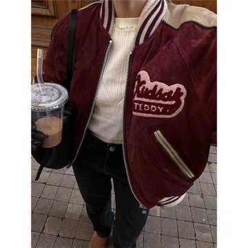 美式復古酒紅色麂皮絨刺繡棒球服短款外套女歐美街頭vintage夾克