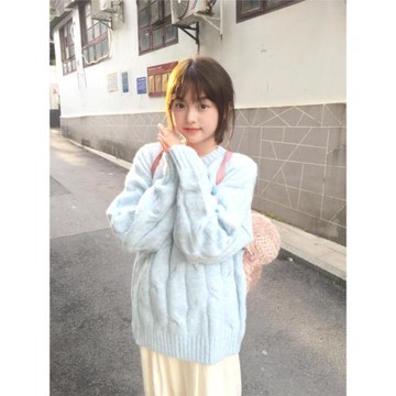 韓系麻花圓領毛衣女秋冬季奶fufu寬松外穿慵懶風軟糯加厚針織上衣