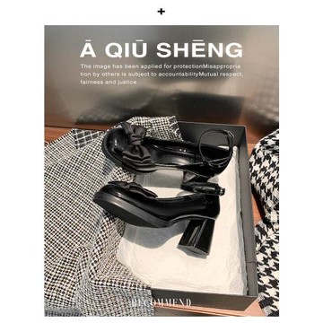 2025年新款黑色漆皮粗跟單鞋圓頭甜酷風蝴蝶結高跟瑪麗珍jk小皮鞋