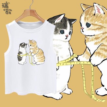 三只貓咪橘貓貓鏟屎官動物鏟屎官純棉背心男女兒童裝學生無袖T恤