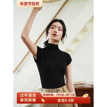 徐莫西 法式復古風連身半高領修身顯瘦無袖打底衫T恤女夏新款上衣