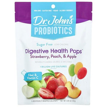 Dr. John's Healthy Sweets, 益生菌，消化健康棒棒糖™，+ 纖維和維生素 C，草莓、桃子和蘋果味，14 根獨立包裝的棒棒糖，3.85 盎司（109 克）