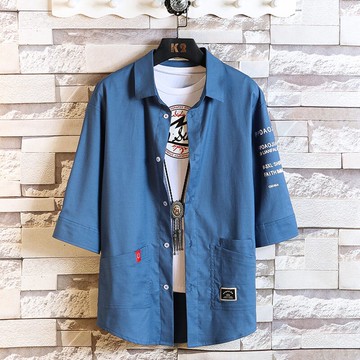 男士短袖襯衫夏季韓版潮流藍色工裝七分袖襯衣男寬松上衣外套