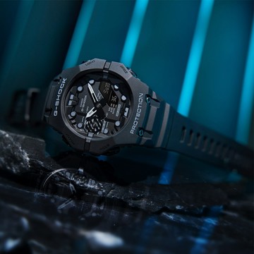 CASIO卡西歐 G-SHOCK 藍牙連線 時尚錶圈雙顯腕錶-黑 GA-B001-1A