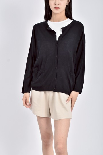 (M) lala stella質感針織圓領排扣口袋長袖黑色外套