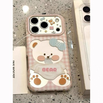 粉格紋鏤空透明可愛小熊適用iPhone18promax蘋果17手機殼16全包15