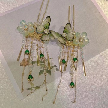 古風漢服發夾發飾頭飾蝴蝶流蘇清新綠色發飾配飾國風唐風發飾配飾 z8093