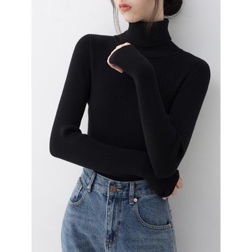 豎坑條高領套頭修身針織衫森系復古慵懶風內搭打底黑色日系毛衣女