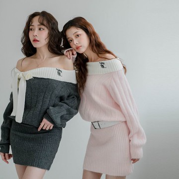 現貨★一字領蝴蝶結針織收腰毛衣短洋裝(共2色/無附腰帶)0106 【NR2917】