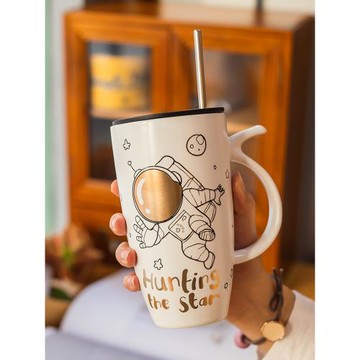 宇航員陶瓷馬克杯帶蓋勺高顏值情侶水杯男家用大容量咖啡杯子女生