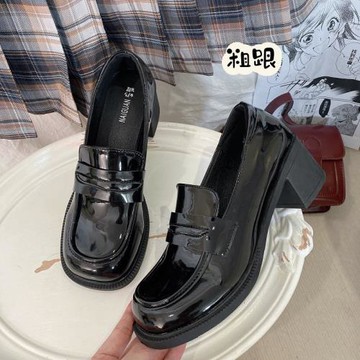 奶罐打翻了/自制小皮鞋秋冬新款簡約基礎百搭方頭粗跟制服單鞋女