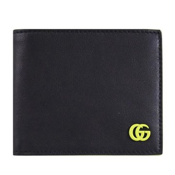 GUCCI 835047 GG Marmont 軟皮革對折8卡短夾.黑/螢光綠