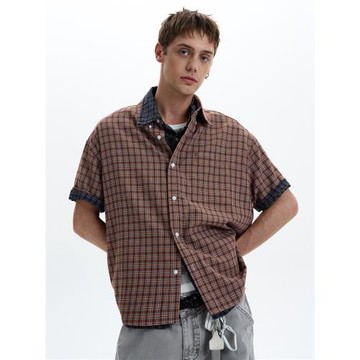 MADWITCH復古休閑格紋短袖襯衫男女寬松簡約vintage老錢風襯衣ins