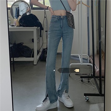 辣妹褲子復古薄款牛仔褲女秋季高腰顯瘦直筒褲緊身微喇褲開叉長褲
