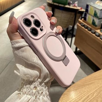 適用17promax磁吸支架手機殼液態硅膠簡約純色全包防摔16pro手機套高級感抗發黃iphon15保護殼情侶純色14外殼