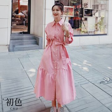 初色 甜美風綁帶寬鬆翻領排扣長袖不對稱裙襬襯衫裙連衣裙連身洋裝長裙-粉色-16512(M-2XL可選)