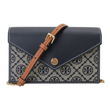 TORY BURCH-MONOGRAM 緹花鍊帶暗釦肩背WOC 包(灰藍)
