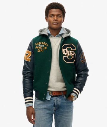 Superdry Men's Hooded College Patched Bomber Jacket Green Size: M